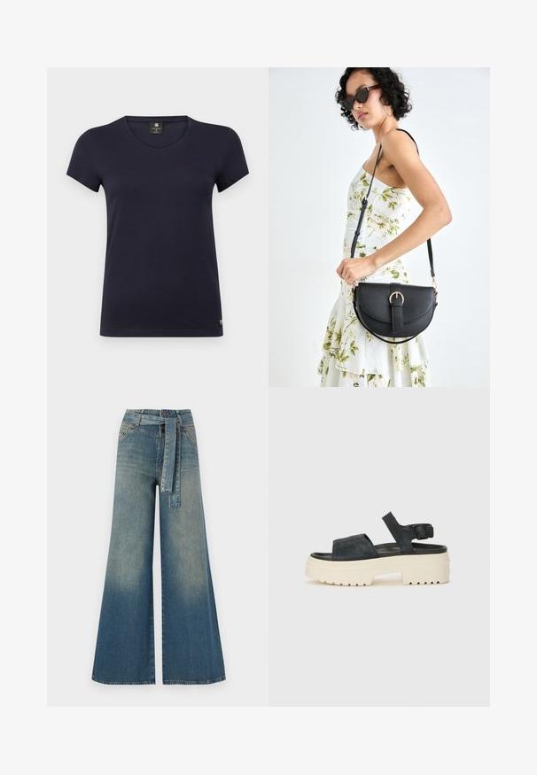 Tamsiai mėlynas trumpomis rankovėmis marškinėliai su V formos iškirpte, pagaminti iš minkštos medvilnės. Papuošti mažu logotipo akcentu viršutinėje kairėje pusėje.; Platus džinsinis kelnes su šviesiai tamsiai mėlynu gradientu, aukštu juosmeniu, diržo kilpomis ir atitinkančiu audinio diržu. Textūruotas džinsinis paviršius.; Juodos zomšos platforminės sandalai su masyviu baltu padais, plačia priekinė juostele ir reguliuojamu kulkšnies užsegimu. Textūruotas padas užtikrina sukibimą.; Juodas odinis krepšys su išlenkta forma, nuimamu dirželiu ir auksiniais detalėmis. Krepšys turi kilpą su sagtimi.