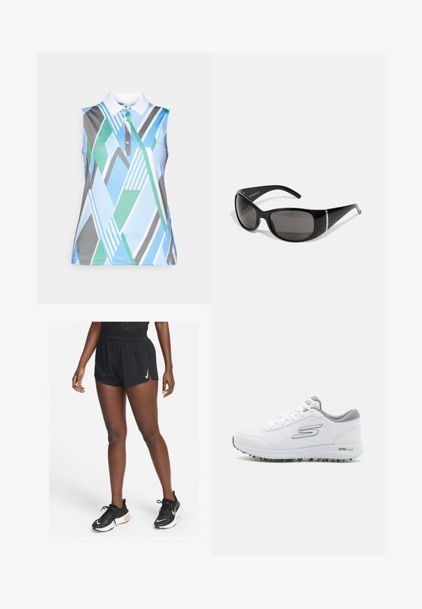 Bezrękawnik polo w niebieskim, zielonym i szarym abstrakcyjnym wzorze geometrycznym. Posiada biały kołnierzyk i zapięcie na trzy guziki. Gładki materiał.; Czarne sportowe szorty z marszczonym pasem i bocznymi rozcięciami, wykonane z lekkiego materiału, w połączeniu z czarnymi butami do biegania z białym znakiem Swoosh.; Białe sportowe buty z teksturowanym siateczkowym wierzchem, srebrnymi akcentami i lekką podeszwą z małymi stożkami trakcyjnymi, oznaczone "ULTRA FLIGHT".; Czarne okulary przeciwsłoneczne z błyszczącymi plastikowymi oprawkami, gradientowymi szarymi soczewkami oraz srebrnymi akcentami po bokach. Smukły, zakrzywiony design.