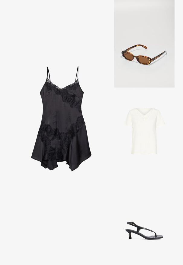 Vit kortärmad t-shirt med V-ringning och blommig spetsdetalj vid halsringningen, tillverkad av mjukt tyg med en avslappnad passform.; Svart satin slipklänning med spetsdetaljer, som har justerbara spaghettiarmband och en utsvängd nederkant, mjuk textur och dekorativa volanger.; Svart lädersandal med en smal design, tunna remmar och en liten klack. Har en spänneaccent och en slät, texturerad fotbädd.; Sköldpaddsfärgade solglasögon med ovala bågar, bruna linser och smala svarta pärmar med subtila mönsterdetaljer.; Svart texturerad tote-väska med korta handtag, prydd med en guldfärgade lås och detaljer. Designen är strukturerad, med en geometrisk silhuett.