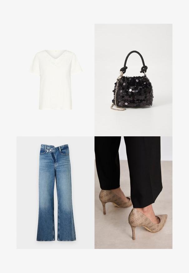 T-shirt blanc à manches courtes avec un col en V et des détails en dentelle florale au niveau du col, fabriqué en tissu doux avec une coupe décontractée.; Jean en denim bleu clair évasé à taille haute, doté de deux boutons et de poches avant. Le tissu a une texture décolorée avec des variations subtiles.; Chaussures à talons hauts beiges en tissu texturé avec un motif répétitif. Design à bout pointu avec un accent à l'arrière et détail de talon doré.; Mini sac à main en sequins noirs avec une bandoulière texturée nouée et une chaîne argentée. Forme arrondie avec un haut froncé et des détails réfléchissants.
