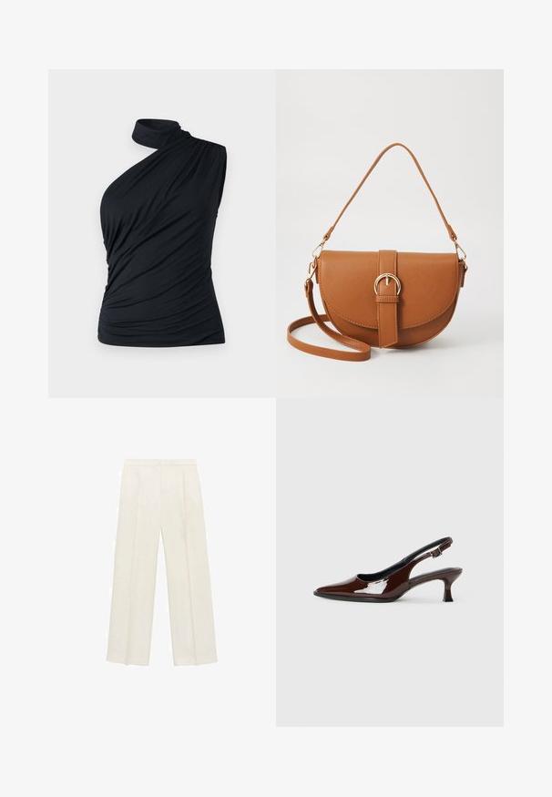 Abercrombie & Fitch BARE MOCK - Top - black beauty; Široké nohavice vo svetlej krémovej farbe. Vyrobené z hladkej látky s skladmi vpredu a bočnými vreckami.; Hnedá lakovaná slingback obuv s špicatou špičkou a mierne vysokým opätkom. Obsahuje pracku pre bezpečné upevnenie. Hladká textúra.; Hnedá kožená kabelka cez telo s zakriveným tvarom, zlatými kovovými doplnkami a akcentom s prackou. Obsahuje odnímateľný ramenný popruh.