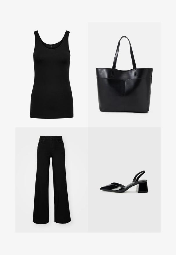 Black tank top made of soft, stretchy fabric; features a scoop neckline and a fitted silhouette without additional patterns or embellishments.; Black wide-leg pants made of denim, featuring a structured waistband, belt loops, and front pockets. Smooth texture with a classic design.; Black patent leather slingback heels with a pointed toe and a geometric block heel. Features a sleek, minimal design and smooth texture.; Black leather tote bag with two long handles, a smooth texture, and a structured shape. Features a front pocket for additional storage.