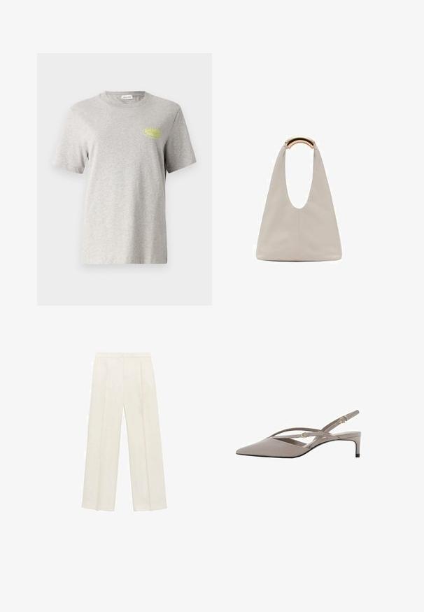 Sivi pamučni majica kratkih rukava, s okruglim izrezom, sadrži žuti tekstualni logo "American Vintage" na lijevoj strani prsnog dijela.; Hlače širokog kroja u svijetloj krem boji. Izrađene su od glatkog materijala s plisama sprijeda i bočnim džepovima.; Bež sandale sa špicastim vrhom, tankim ukriženim trakama i kratkim potpeticama. Glatka tkanina s dodatnim zlatnim detaljima.; Svijetlosivi kožni torba s oblikom u slovo U i zakrivljenim metalnim drškom. Glatka tekstura s minimalnim šavovima i bez vidljivih uzoraka.