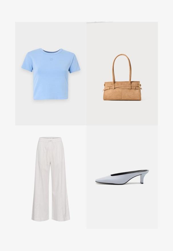 Šviesiai mėlynas trumpas marškinėliai, pagaminti iš švelnaus medvilnės, su trumpomis rankovėmis ir apvaliu kaklu. Priekyje yra įspaustas "HUGO" logotipas.; Platus kojas kelnes iš švelnios baltos medžiagos, su elastinga juosmeniu ir raišteliu, glotnia tekstūra ir be papildomų dekoracijų.; Šviesiai mėlynos patentinės odos mules su smailiu priekiu, žemu permatomu kulnu ir stilingu dizainu, turinčiu išpjovą priekyje.; Žalias suedinių rankinukas su dviem ilgais rankenomis, stačiakampio formos ir dekoratyviniu siuvimu. Jame yra šoninė dirželis ir subtili auksinė hardware akcentai.