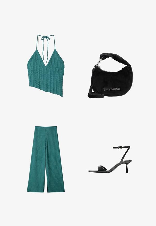 Top halter a coste in teal con scollatura a V profonda, orlo asimmetrico e lacci al collo. Il tessuto testurizzato aggiunge dimensione al design.; Pantaloni larghi color teal realizzati in un tessuto testurizzato e rigato. Presentano una vita alta e una lunghezza completa con una vestibilità ampia, ideali per un abbigliamento casual.; Bershka Sandali con tacco - black; Borsa a spalla in suede nero con forma curva, dotata di manico imbottito, dettagli in catena argentata e logo "Juicy Couture" in lettere metalliche.