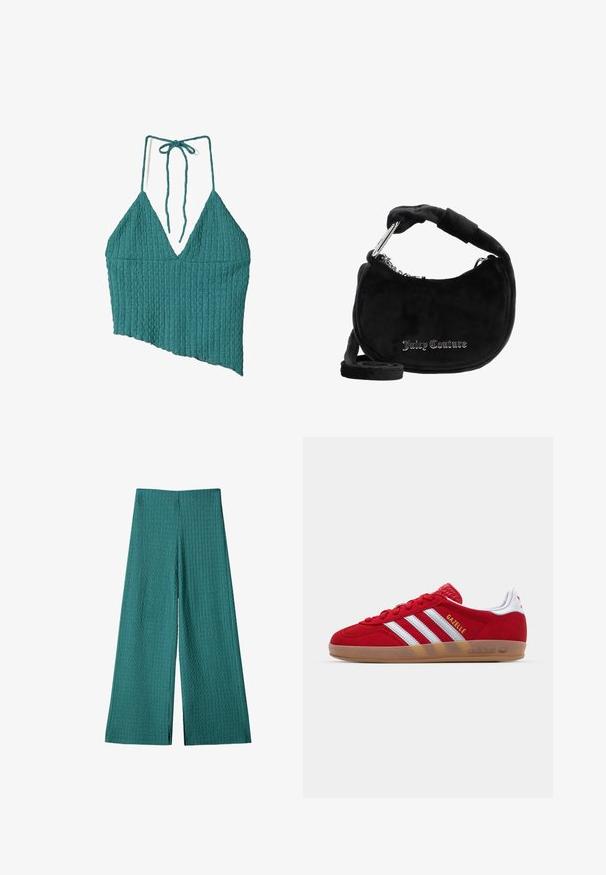 Turkizna rebrasta halter majica z globokim V-izrezom, asimetričnim robom in povezavami okoli vratu. Teksturirana tkanina dodaja dimenzijo oblikovanju.; Teal široke hlače z teksturirano, ribasto tkanino. Imajo visok pas in so dolge do tal, ohlapnega kroja, kar jih naredi idealne za priložnostno nošenje.; Rdeči semišniki z belo tridoločeno zasnovo in zlatim besedilom "Gazelle". Imajo gumo podplat in texturiran petni del.; Črna semiš torba za ramo s ukrivljeno obliko, ki ima oblazinjen ročaj, srebrne verižne dodatke in logotip "Juicy Couture" v kovinskem tisku.
