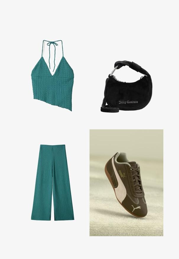 Tyrkysová rebrovaná halterneck top s hlbokým V-výstrihom, asymetrickým lemom a viazaním okolo krku. Štruktúrovaná látka pridáva dizajnu hĺbku.; Tyrkysové nohavice s širokými nohavicami a štruktúrovanou, rypsovou látkou. Majú vysoký pás a sú dĺžkou po zem s voľným strihom, ideálne na bežné nosenie.; Hnedé tenisky Puma so béžovým pruhom a logom, šnurované, odpočívajúce na textúrovanom béžovom povrchu.; Čierna semišová kabelka na rameno s oblým tvarom, vybavená podloženou rukoväťou, striebornými reťazovými akcentmi a logom "Juicy Couture" v metalickom písmenách.