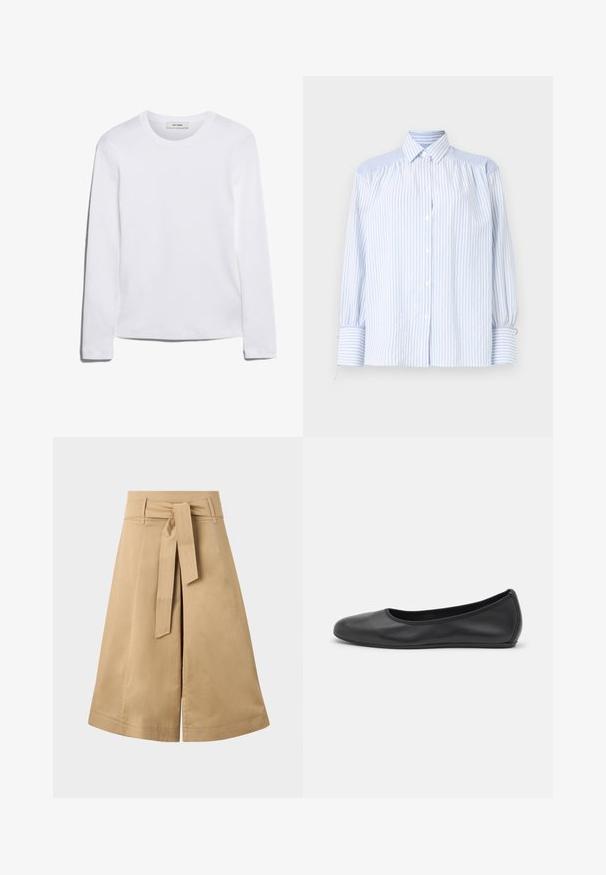 Pitkähihainen valkoinen T-paita, joka on valmistettu ribbitetystä puuvillasta, ja siinä on pyöreä kaula-aukko sekä suora helma. Yksinkertainen muotoilu ilman kuvioita tai yksityiskohtia.; Vaaleansininen raidallinen napillinen paita, jossa on kaulus, puffattuja hihoja ja joustavat hihansuut. Tekstuuriset olkapään korostukset tekevät kontrastin sileälle kankaalle.; Khaki midi-wrap hame, joka on varustettu solmittavalla vyöllä, valmistettu kevyestä puuvillasta, jossa on laskettu siluetti ja näkyviä ompelusaumadetaileja.; Musta nahkainen ballerina, jossa on pyöristetty kärki, sileä pinta, minimaalinen ommelkoristelu ja joustava pohjamuotoilu.