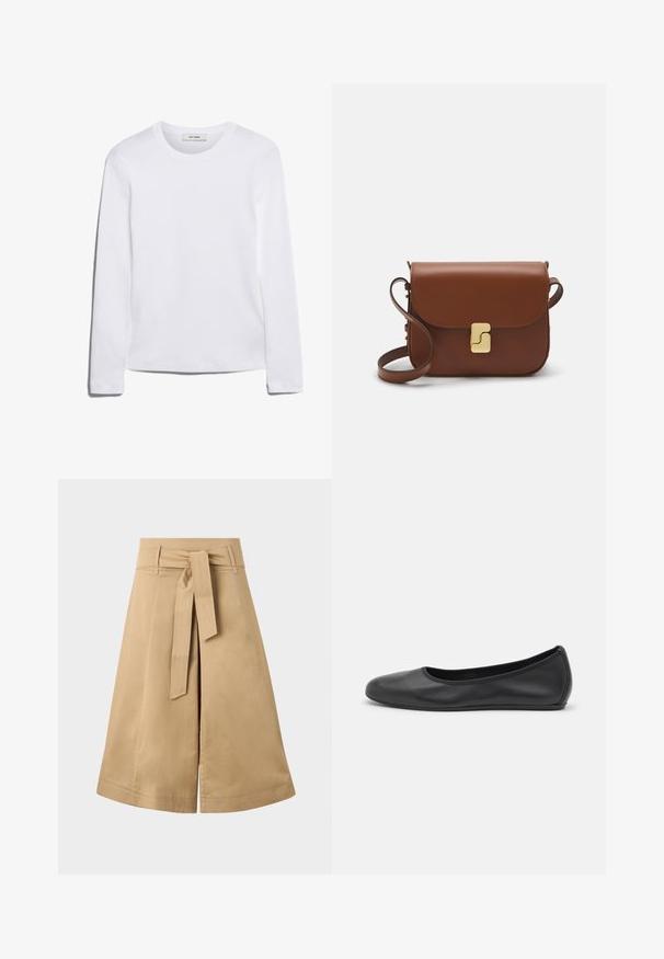 Langärmliges weißes T-Shirt aus geripptem Baumwollstoff, mit rundem Ausschnitt und geradem Saum. Einfaches Design ohne Muster oder Akzente.; Khakifarbener Midi-Wickelrock mit einem Bindegürtel, aus leichtem Baumwollmaterial, mit einer ausgestellten Silhouette und sichtbaren Nähdetails.; Schwarze Leder-Ballettschuhe mit abgerundeter Spitze, glatter Textur, minimalen Nähdetails und einem flexiblen Sohlen-Design.; Braune Ledertasche mit Klappenverschluss, Beschlägen in Goldfarbe, einem Schultergurt und einer glatten Oberfläche. Kompakte rechteckige Form.