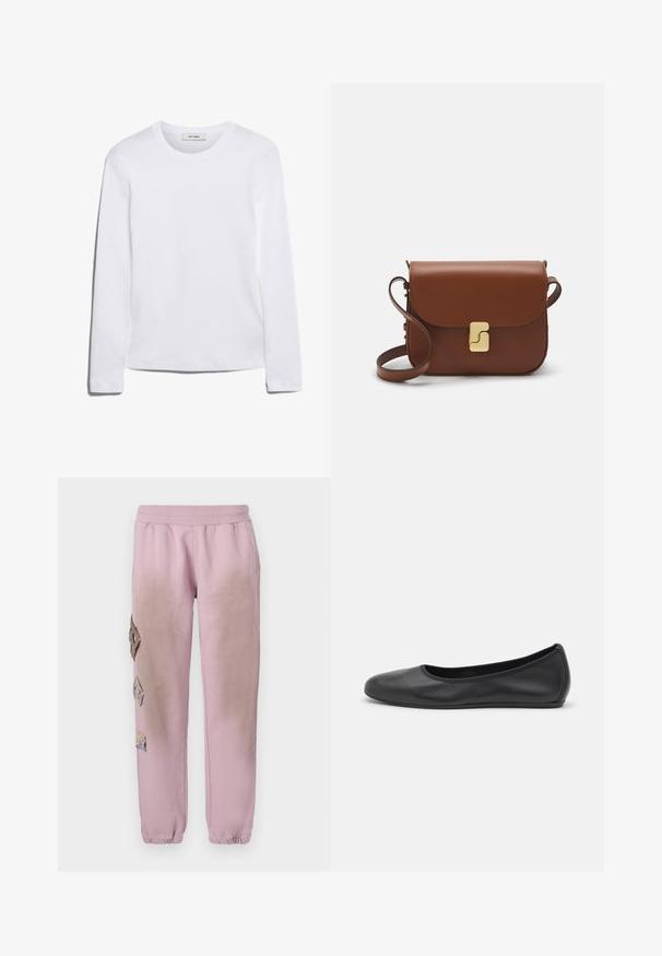 Long-sleeve white T-shirt made of ribbed cotton, featuring a round neckline and a straight hem. Simple design with no patterns or accents.; Pink sweatpants with an elastic waistband, featuring decorative patches in diamond shapes on the left side and elastic cuffs at the ankles.; Black leather ballet flat with a rounded toe, smooth texture, minimal stitching detail, and a flexible sole design.; Brown leather handbag with a flap closure, gold-tone hardware, a shoulder strap, and a smooth texture. Compact rectangular shape.