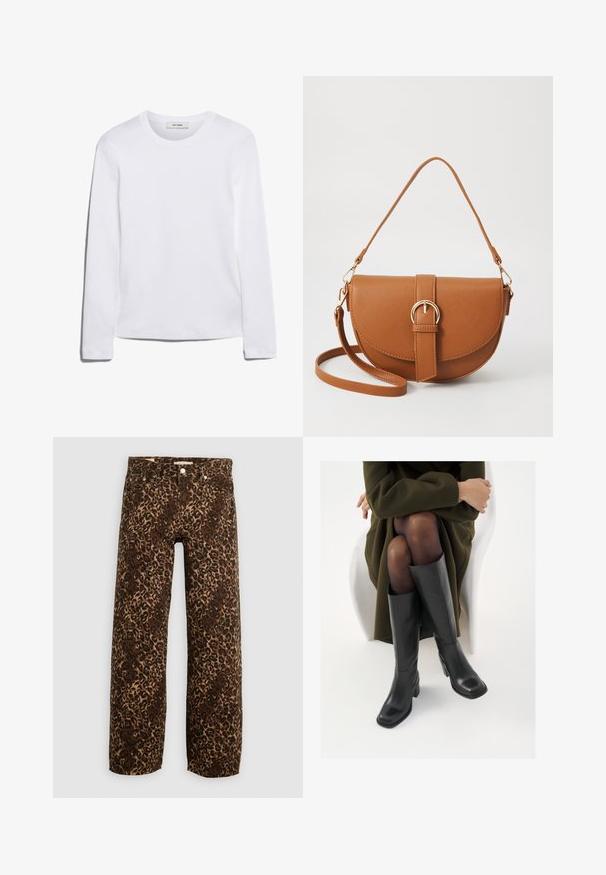 Tricou alb cu mânecă lungă, din bumbac cu dungi, având decolteu rotund și tiv drept. Design simplu, fără modele sau accente.; Blugi largi cu imprimeu de leopard în nuanțe de maro și bej. Realizați din denim, cu un design clasic cu cinci buzunare și accesorii din metal.; Cizme din piele neagră, până la genunchi, cu vârf pătrat și toc bloc, prezentate pe un model așezat într-o haină verde măsline. Textură netedă, detalii minime.; Geantă din piele maro, tip crossbody, cu o formă curbată, accesorii aurii și un accent cu cataramă. Dispune de un curea de umăr detașabilă.
