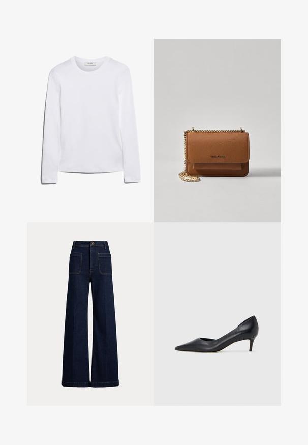 Camisola de manga longa branca feita de algodão canelado, com um decote redondo e uma bainha reta. Design simples, sem padrões ou detalhes.; Jeans de ganga escuros de perna larga com uma cintura alta, design de cinco bolsos e costura em contraste. Apresenta um fecho de botão e uma forma estruturada.; Sapato de salto alto preto em pele com bico fino e salto baixo. Apresenta uma textura suave e brilho subtil. Corte aberto na parte da frente para um detalhe adicional.; Bolsa crossbody de couro texturizado castanho com alça de corrente dourada e fecho com aba. A parte da frente apresenta detalhe do logótipo e um bolso sob a aba.