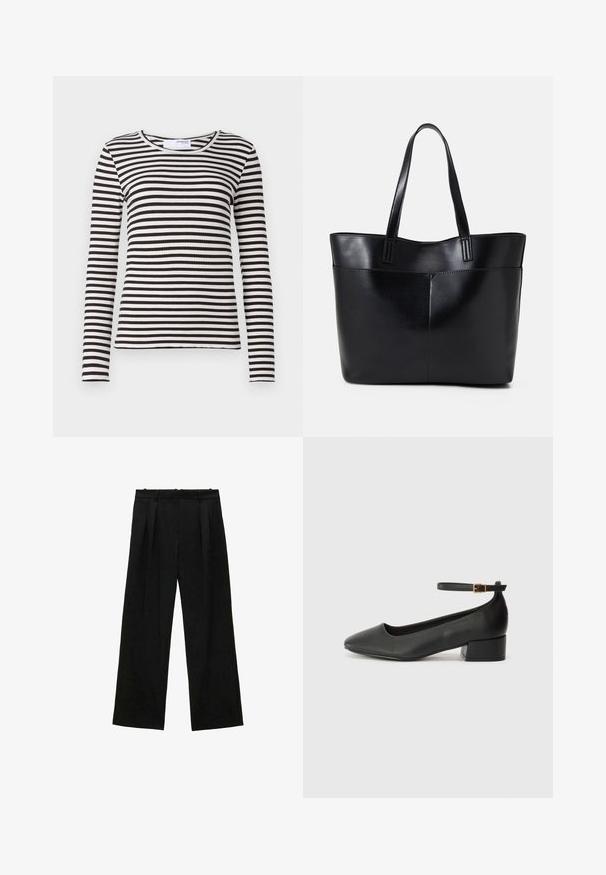 Dlouhý rukáv, žebrovaný top s horizontálními černobílými pruhy. Klasický kulatý výstřih s těsným střihem. Měkká textura.; Černé široké kalhoty s plisováním, s hladkou texturou a vysokým pasem. Minimalistický styl, žádné viditelné kovové prvky nebo ozdoby.; Černé kožené lodičky s špičatou špičkou a nízkým blokovým podpatkem. Obsahují pásek kolem kotníku se zlatou sponou. Hladký povrch.; Černá kožená taška s dlouhými ušima, hladkým povrchem a strukturovaným tvarem. Obsahuje přední kapsu pro další úložný prostor.