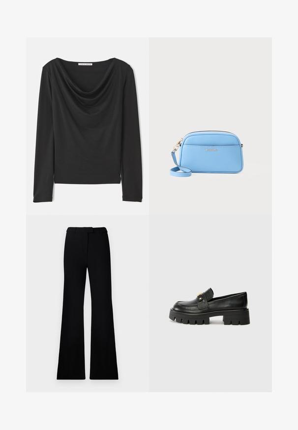 Juodas ilgomis rankovėmis marškinėliai su drapiruotu apykakle, lengvos medžiagos, prigludusios konstrukcijos ir tiesiu lankstumu. Etiketėje užrašyta "Tiger of Sweden."; Juodos platėjančios kelnės su lygiu paviršiumi, pritaikyta juosmeniu ir priekinių kišenių dizainu, sukurtos su modernia, elegantiška siluetu.; Juodi odiniai loafers batai su masyviu padu, papuošti auksiniu akcentu priekyje ir lygiu paviršiumi. Masyvi protektoriaus dizaino išvaizda padais.; Šviesiai mėlyna odinė per Petį nešama rankinė su auksinės spalvos detalėmis, užtrauktuko uždarymu ir priekinėmis kišenėmis. Yra reguliuojama dirželis patogumui.