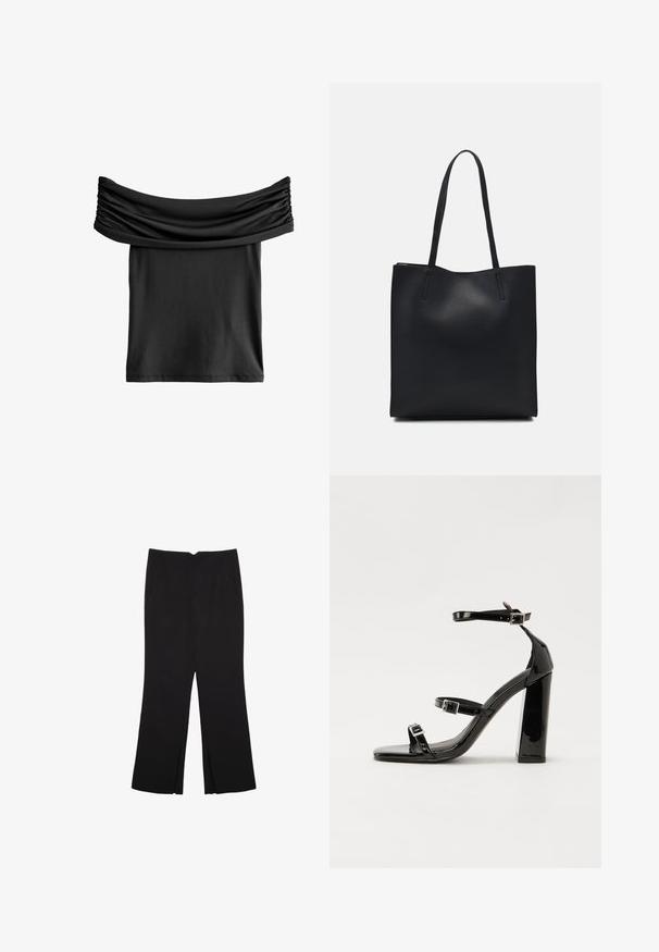 Schwarzes Off-Shoulder-Top mit gerafftem Stoff am Ausschnitt, gefertigt aus einem glatten, leichten Material. Kurz und lässig geschnitten.; Schwarze Hose mit geradem Schnitt, ausgestattet mit Fronttaschen und Seitenschlitzen am Saum. Hergestellt aus weichem, glattem Stoff. Geeignet für verschiedene Anlässe.; Schwarze Lackleder-Sandalen mit hohen Absätzen, zwei Riemen mit Schnallen, quadratischer Zehenpartie und klobigem Blockabsatz, mit einer glatten, glänzenden Textur.; Schwarze Laptoptasche aus Leder mit glatter Textur, rechteckiger Form und zwei langen Griffen. Keine sichtbaren Beschläge oder Verzierungen.
