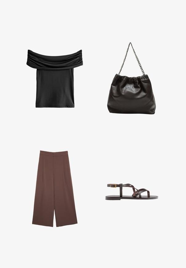 Schwarzes Off-Shoulder-Top mit gerafftem Stoff am Ausschnitt, gefertigt aus einem glatten, leichten Material. Kurz und lässig geschnitten.; Braune Weite-Leg-Hosen mit einer glatten Textur, hoher Taille und Vorderfalten. Der Stoff ist leicht und fällt locker.; Braune Leder-Sandale mit überkreuzten Riemen, einem Knöchelriemen mit Schnalle und einer flachen Sohle mit minimalen Nähdetails.; Braune Lederhandtasche mit gerafftem Oberteil und Kettenriemen. Glatte Textur mit glänzendem Finish und subtilen Nahtdetails an den Seiten.