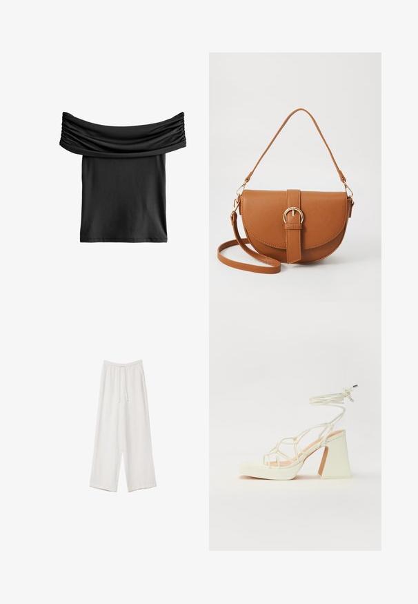 Black off-shoulder top with gathered fabric at the neckline, made from a smooth, lightweight material. Short, relaxed fit.; White wide-leg trousers made from a lightweight fabric. Features an elastic waistband with a drawstring and side pockets. Smooth texture.; White high-heeled sandal with a chunky heel, featuring a strappy design and ankle tie. Smooth texture with a platform front for added height.; Brown leather crossbody bag with a curved shape, gold hardware, and a buckle accent. Features a detachable shoulder strap.