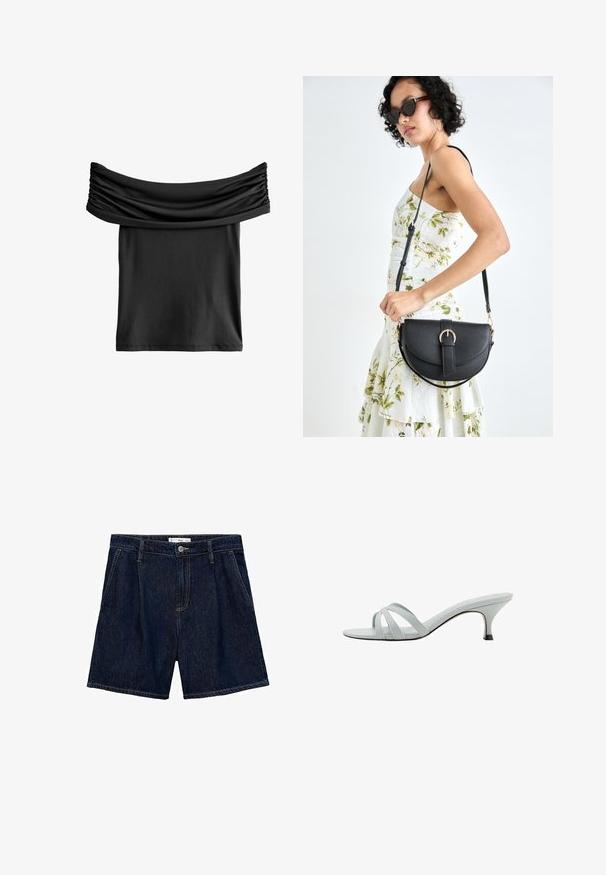 Schwarzes Off-Shoulder-Top mit gerafftem Stoff am Ausschnitt, gefertigt aus einem glatten, leichten Material. Kurz und lässig geschnitten.; Dunkelblaue Denim-Shorts mit hoher Taille, ausgestattet mit zwei seitlichen Taschen und einem Knopfverschluss vorne. Glatte Textur und lässiges Design.; Hellgraue Absätze mit drei überkreuzten Riemen, schlankem Profil und spitz zulaufendem Absatz. Glatte Textur mit leicht glänzendem Finish.; Schwarze Lederhandtasche mit geschwungener Form, abnehmbarem Tragegurt und goldenen Beschlägen. Die Tasche verfügt über einen Deckel mit einer Schnallen-Details.