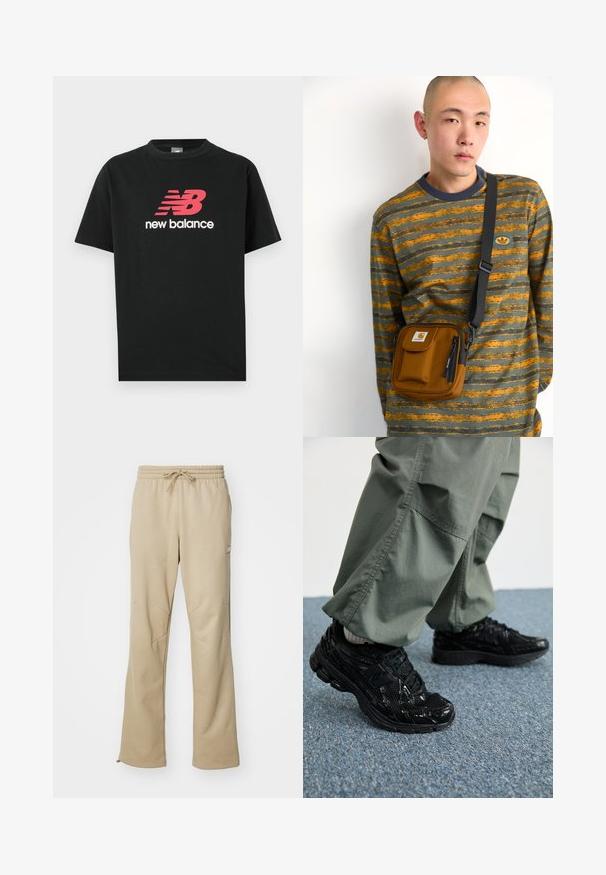 Melnas kokvilnas t-krekls ar īsām piedurknēm, uz kura krūšgalā ir izcils sarkans un balts "New Balance" logo. Klasiska apaļā kakla izgriezuma dizains.; Bežīgas sporta bikses, kas izgatavotas no mīksta auduma, ar iekšējo auklu jostā, platiem piedurknēm un slīpām šuvēm formas ievērošanai. Mazs logo akcents sānos.; Melni sporta apavi ar spīdīgu un sieta tekstūru, ar biezu zoli un auklām, kombinēti ar brīvām olīvzaļām kravas biksēm.; Brūna auduma plecu soma ar rāvējslēdzēju un priekšējo kabatu; valkāta virs pelēka un oranža svītrainā garā piedurkņu krekla ar logotipa uzšuvi.