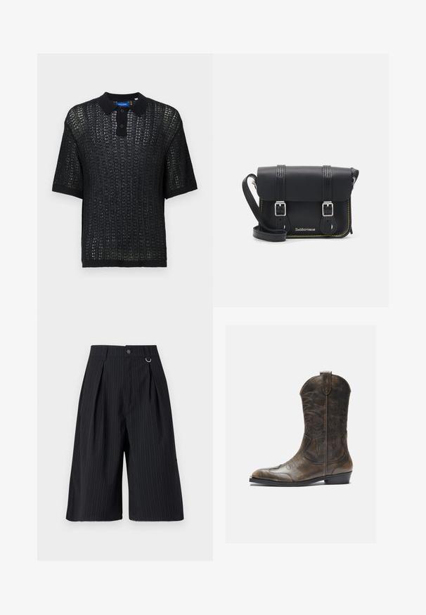 Polo nero a maniche corte con una trama tessuta, dotato di colletto, bottoni e polsini a coste. Realizzato in materiale leggero.; Pantaloni shorts neri a righe con pieghe, chiusura a bottone e accento in anello metallico. Tessuto liscio con una vestibilità su misura e design lunghezza ginocchio.; Stivale da cowboy in pelle marrone con gambale alto, punta affusolata, motivi di cucitura intricati e tacco basso. Finitura testurizzata in tutto lo stivale.; Borsa a tracolla in pelle nera con patta, due fibbie argentate, cuciture gialle e tracolla regolabile. Presenta una texture liscia e un design compatto.