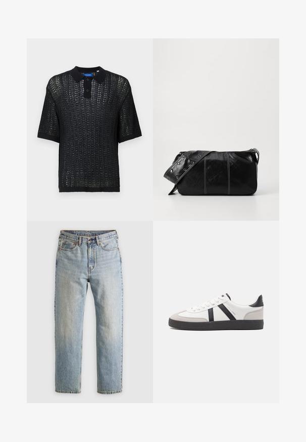 Juodas trumpų rankovių polo marškinėliai su audiniu, turintys apykaklę, mygtukus ir guminėmis rankovėmis. Pagaminti iš lengvos medžiagos.; Šviesiai mėlynos džinsinės kelnės su aukštu liemeniu, priekyje mygtukas, užtrauktukas ir penkių kišenių dizainas, išklotos ant neutralios fono.; Balti sportbačiai su juodais ir pilkais akcentais, pasižymintys tekstūruotu pilku pirštų dangteliu, juoda gumine padais ir plokščiomis baltomis raišteliais. Švarus dizainas, minimalistinis stilius.; Juodas odinis pečių krepšys su užtrauktuku, turintis tekstūruotą paviršių, baltą siuvinėjimą ir dirželį su sidabinėmis metalinėmis detalėmis.
