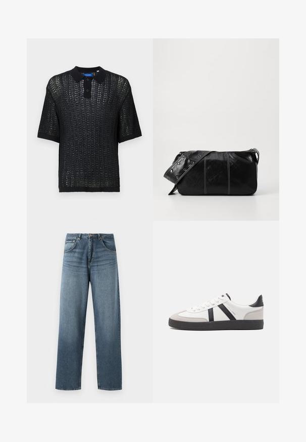 Zwarte polo met korte mouwen en een geweven textuur, met een kraag, knopen en geribde mouwen. Gemaakt van lichtgewicht materiaal.; Rechtaankomende blauwe spijkerbroek met een vervaagde was, voorzien van een vijfzakkenontwerp, metalen knoop en riemlussen. Gestructureerde, middelzware stof.; Witte sneaker met zwarte en grijze accenten, voorzien van een grijze neus met textuur, zwarte rubberen zool en platte witte veters. Schoon ontwerp, minimalistische stijl.; Zwarte leren schoudertas met een ritsluiting, voorzien van een gestructureerd lichaam, witte stiksels en een band met zilveren oogjes.