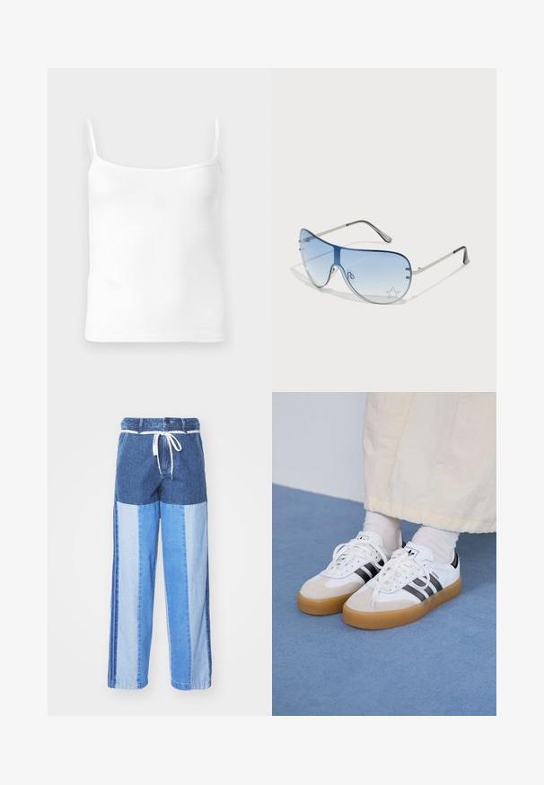 Hvit ribbestrikket tank topp med tynne stropper, rund hals og stram passform, laget av et mykt bomullsblandingsstoff.; Blå denimbukser med et lapperedesign i forskjellige nyanser av blått, snor i livet og løse, rette ben.; Hvite sneakers med svarte striper og beige semsket skinn-detaljer. Har en teksturert gummisåle og flate hvite snører, brukt med lyse sokker.; Pilotbriller med gradient blå linse, sølvfarget metallramme og dekorative stjerneaksenter på linsen. Glatt og stilren design.