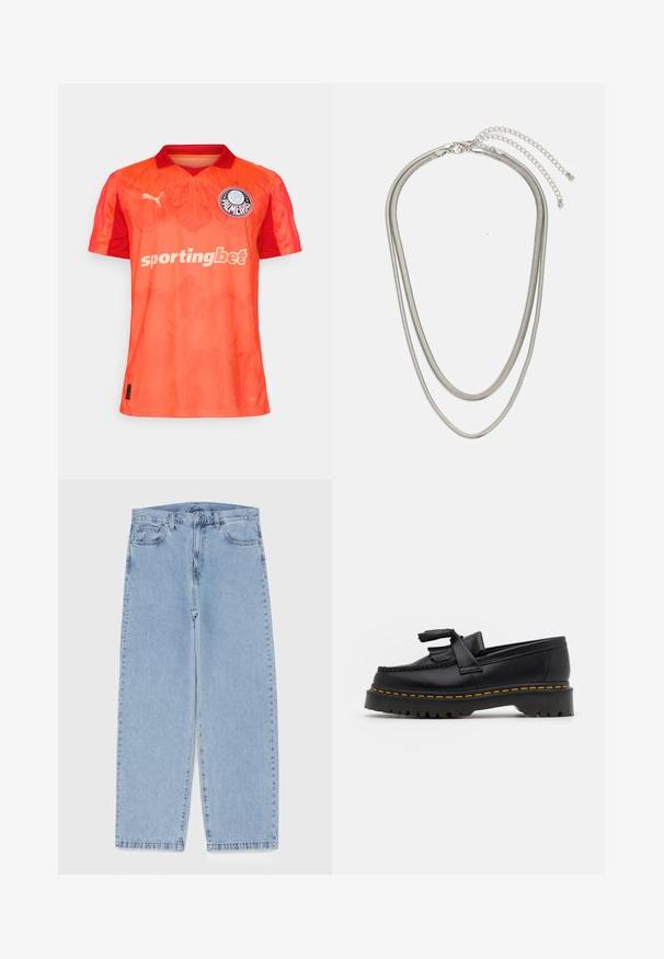 Camisola desportiva laranja com um design em degradê, apresentando mangas curtas, colarinho e um logotipo em patch. Feita de tecido respirável para maior conforto.; Jeans de denim azul claro com design de perna reta, apresentando uma cintura de altura média, cinco bolsos e um fecho de botão e zíper.; Mocassim de couro preto com um detalhe de franjas, apresentando uma sola preta robusta e costura amarela ao longo da borda. Acabamento texturizado.; Colar de metal prateado em três camadas, com correntes flexíveis e elegantes que possuem um leve brilho, fechado com um fecho de lagosta e corrente ajustável.