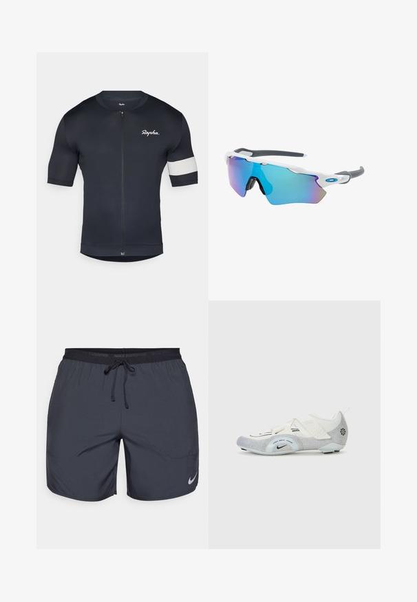 Tamsiai mėlyna trumpomis rankovėmis dviračių marškinėliai su priekiniais užtrauktukais, tekstūruota medžiaga ir balta juosta kairėje rankovėje su logotipo detale.; Nike bėgimo šortai tamsiai pilki, su elastine juostele ir raišteliu, bei sidabriniu logotipo akcentu apatiniame dešiniajame šlaunies kampe.; Balti ir sidabriniai dviratininko batai su tinklelio viršumi, tekstūruotais akcentais, reguliuojamais dirželiais ir guminėmis padangomis, užtikrinančiomis sukibimą ir stabilumą.; Akiniai nuo saulės su balta rėmeliu, pilkų akcentų ir mėlynais veidrodiniais objektyvais. Sportiškas dizainas, aplink galvą prilipusios formos ir reguliuojamos nosies pagalvėlės.