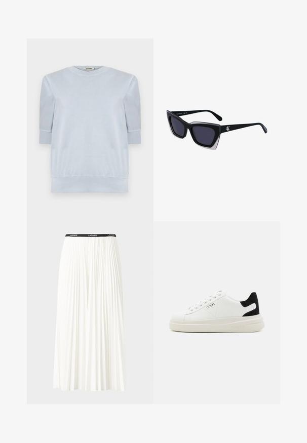 Lyseblå genser laget av mykt stoff, med korte ermer, rund hals og ribbestrikkede ermer og hem. Glatt tekstur generelt.; Plissert hvit skjørt med en svart elastisk midje som har "LACOSTE"-logoen. Midjelengde design med myk tekstur.; Hvite lær sneakers med tykk hvit såle, svart semsket hælforsterkning og preget logo på siden. Snøresystem med seks hull.; Store svarte solbriller i overdimensjonert størrelse med geometrisk form, med mørke linser og en kontrasterende grå detalj på rammen. Logo på armen.