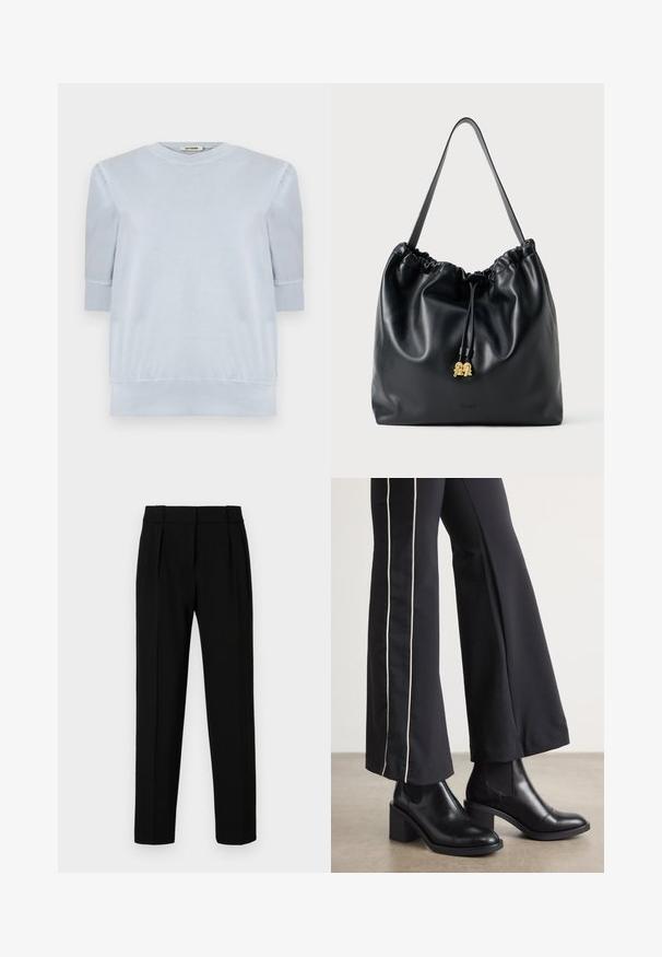 Svetlo modra pulover srajca iz mehkega materiala, z kratkimi rokavi, okroglo izrezom ter rebrastimi manšetami in robom. Splošna gladka tekstura.; Črne krojene hlače s ravnim krojem, z nabranim sprednjim delom, zasnovane iz sijočega materiala in srednjim pasom. Brez vidnih žepov ali kovinskih detajlov.; Črne usnjene gležnjarje s blok peto, z elastičnimi stranskimi paneli. Kombinirane s črnimi hlačami, ki imajo bele stranske črte.; Črna usnjena torba s vrvico z gladko teksturo, nabranim vrhom in subtilno zlatasko strojno opremo. Ima eno robustno naramnico in vtisnjen logotip.