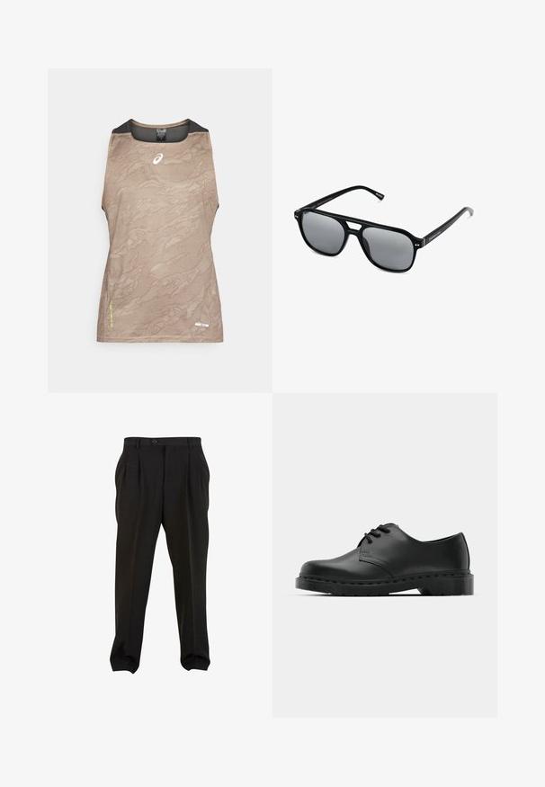 Top atletico senza maniche color tan con motivo testurizzato, caratterizzato da dettagli in rete nera sul collo e sulle braccia, e un piccolo logo sul davanti.; Pantaloni neri in tessuto morbido, con pieghe frontali, vita con bottone e polsini a gamba affusolata. Silhouette classica e sartoriale.; Scarpa oxford in pelle nera con design con lacci, punta arrotondata, suola piatta in gomma e dettagli di cucitura discreti lungo la parte superiore.; Occhiali da sole neri con montatura rettangolare, lenti grigie oscurate e design con intaglio sul ponte. Materiale plastico lucido e slanciato, con tempie sottili.