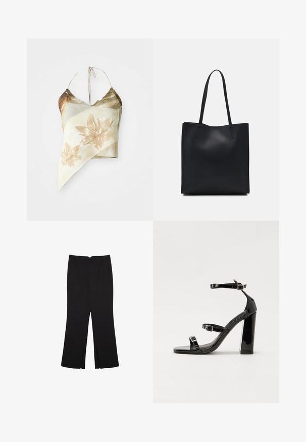 Asymmetrisches Crop-Top mit Blumenmuster in gedämpften Beige- und Olivtönen, mit einer Netzstruktur, Halterhals-Bindebändern und einem drapierten Design.; Schwarze Hose mit geradem Schnitt, ausgestattet mit Fronttaschen und Seitenschlitzen am Saum. Hergestellt aus weichem, glattem Stoff. Geeignet für verschiedene Anlässe.; Schwarze patentierte Sandalen mit Absatz, quadratischer Spitze, Knöchelriemen und silbernen Schnallen. Mit einem stabilen Blockabsatz für mehr Stabilität.; Schwarze Laptoptasche aus Leder mit glatter Textur, rechteckiger Form und zwei langen Griffen. Keine sichtbaren Beschläge oder Verzierungen.