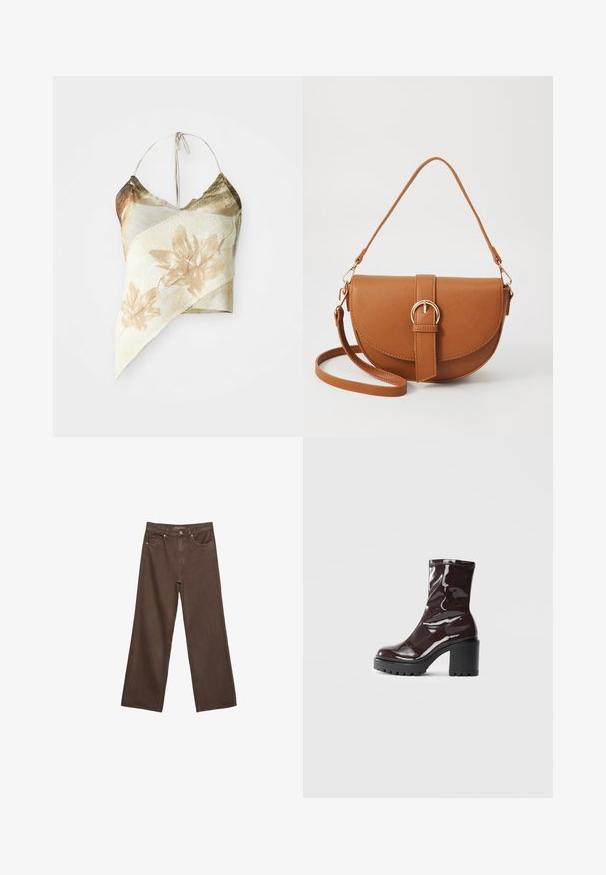 Asimetrična cvjetna majica naizgled u prigušenim bež i maslinastim nijansama, s mrežastom teksturom, vezicama oko vrata i drapiranim dizajnom.; Široke rjave kavbojke iz denima, ki imajo visok pas, sprednje žepe in klasično zapiranje na gumb. Gladka tekstura s subtilnim šivom.; Sijajan škrlatank z bleščečim videzom, z masivnim črnim peto, ki se ponaša z gladko teksturo in preprostim dizajnom. Brez vidnih zapenjal ali vzorcev.; Rjava usnjena torbica prek telesa s ukrivljeno obliko, zlate opreme in sponko. Ima odstranljiv naramni trak.