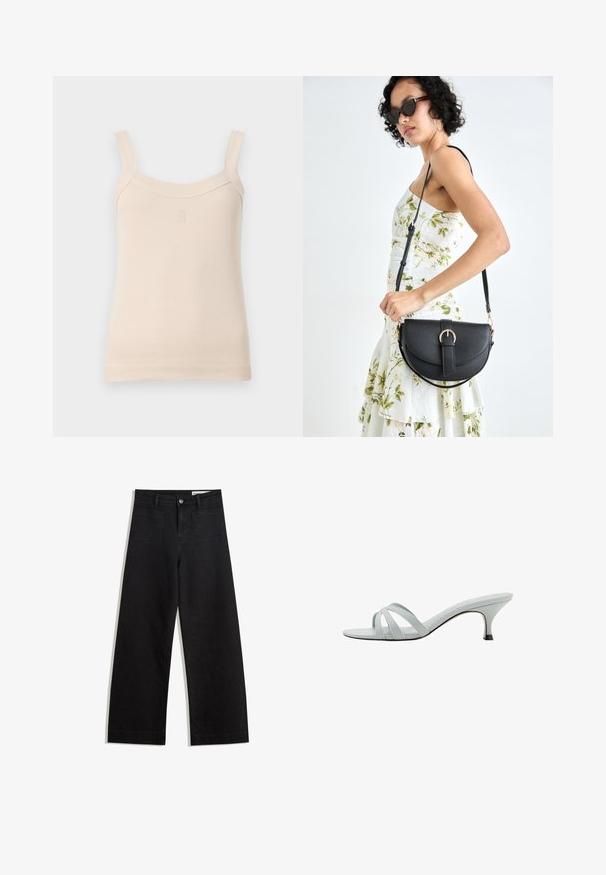 Bež majica na tanke naramenice s rebrastim uzorkom i zaobljenim izrezom. Ima ušiveni logo sprijeda. Glatka tekstura, prilagođen dizajn.; Crne široke traperice s visokim strukom, s prednjim i stražnjim džepovima, šivenim šavovima i kopčanjem na gumb. Glatka tekstura.; Svijetlosive sandale s potpeticama i tri ukrštavajuće trake, vitkog profila i sužene pete. Glatka tekstura s blago sjajnim finishem.; Crna kožna torba s lukovitim oblikom, odvojivim remenom i zlatnim detaljima. Torba ima preklop s kopčom.