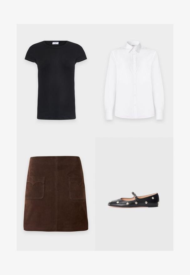 Juodas dryžuotas marškinėliai su apvalia iškirpte ir trumpomis rankovėmis. Minkšta medžiaga, prigludusi prie kūno, su etikete apykoje.; Balta ilgomis rankovėmis marškinių, pagaminti iš lygios medžiagos, turi apykaklę ir mygtukų priekį su šviesiai rožiniais mygtukais.; Ruda veliūrinė sijonas, pasižymintis klasikinio A formos siluetu, dviem priekinėmis kišenėmis su apvaliais uždangaliukais ir subtiliais siuvinėjimo akcentais.; Juodų odinių Mary Jane plokščių batų su apvaliu pirštu, papuoštų sidabriniais apvaliais nagais ir reguliuojamu dirželiu su sagtimi.
