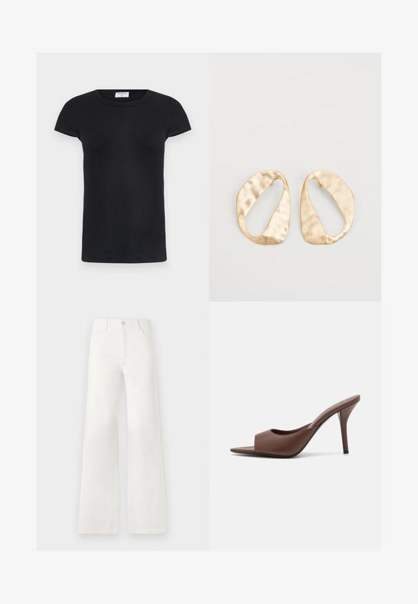 Svart ribbad T-shirt med rund halsringning och korta ärmar. Mjukt tyg med en åtsittande passform, med ett märke vid halsen.; Vita, högmidjade jeans med vida ben i denim. Har en knappstängning, två framfickor och sidsömmar med stickningsdetaljer.; Bruna lädersandaler med öppen tå och hög klack, med en stilren design som har ett brett framrem och en smal stilettklack.; Ett par oregelbundna ovalformade örhängen i guldtonad metall med en strukturerad, något hamrad yta på en vit bakgrund.