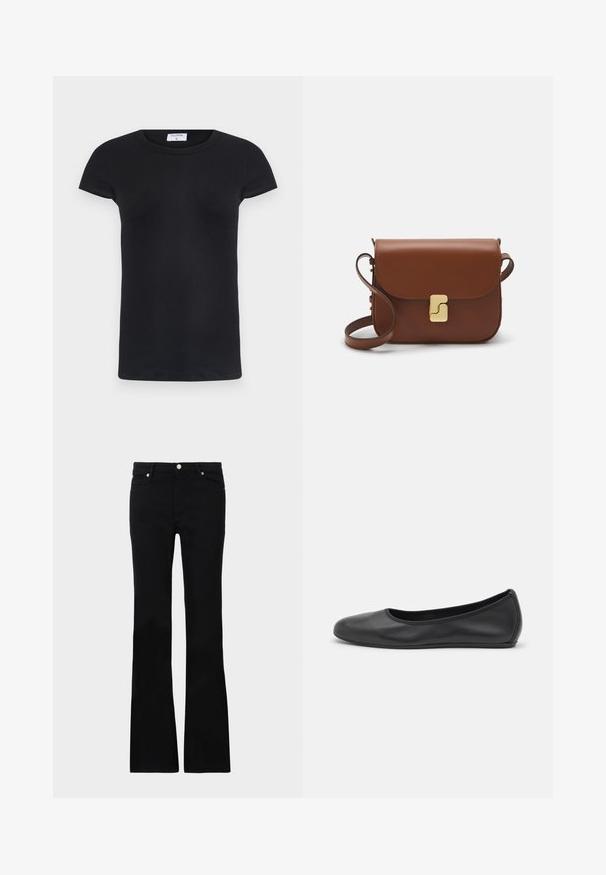 Zwarte geribbelde T-shirt met een ronde hals en korte mouwen. Zacht stof met een aansluitende pasvorm, met een label bij de nek.; Zwarte flared jeans van denim, met twee voorzakken, een knoopsluiting en een gladde textuur. Kenmerkende stiksels zichtbaar bij de naden.; Zwarte leren ballerina met een ronde neus, gladde textuur, minimale stikdetails en een flexibele zoolontwerp.; Bruine leren handtas met een klep sluiting, gouden hardware, een schouderband en een gladde textuur. Compact rechthoekige vorm.