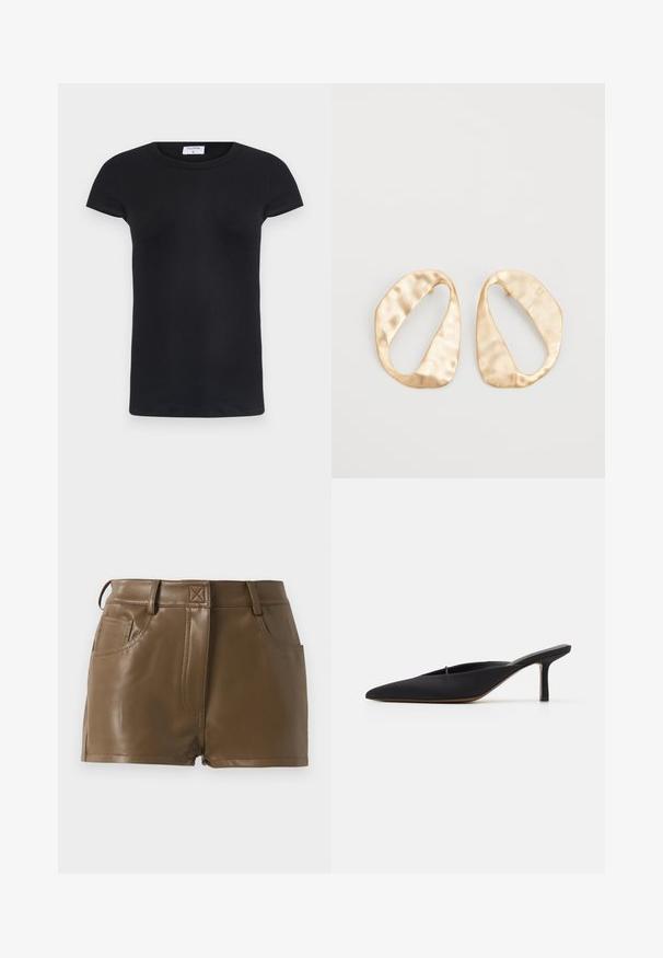 Black ribbed T-shirt with a round neckline and short sleeves. Soft fabric with a fitted shape, featuring a label at the neck.; Brown faux leather shorts with a fitted design, waistband with belt loops, front pockets, and visible stitching details.; Black pointed-toe mule with a sleek design, made of smooth fabric, featuring a slender heel and open back for easy wear.; Pair of irregular oval-shaped gold-toned metal earrings with a textured, slightly hammered surface on a white background.