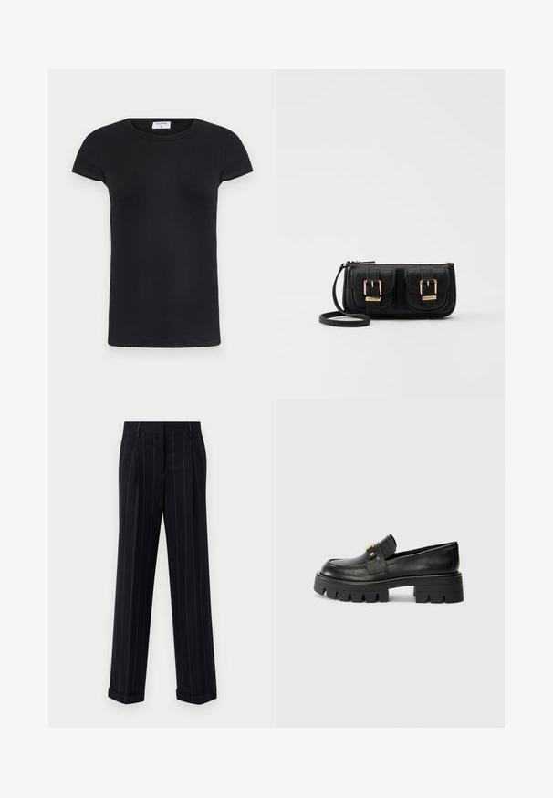 Čierne rebrované tričko s okrúhlym výstrihom a krátkymi rukávmi. Mäkka tkanina s priliehavým strihom, s nášivkou na krku.; Čierne pruhované nohavice s prispôsobeným strihom, s manžetou na leme a prednými záhybmi. Vyrobené z hladkej tkaniny so štruktúrovaným dizajnom.; Čierne kožené mokasíny s masívnou podrážkou, s akcentom v zlatej farbe na prednej strane a hladkým povrchom. Na podrážke je výrazný dezén.; Čierna kožená crossbody taška s dvoma prednými vreckami, zlatými sponami, zipsovým uzatváraním a úzkym popruhom. Štruktúrovaný povrch a kompaktný obdĺžnikový tvar.
