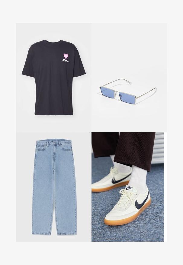 Juodas medvilninis marškinėliai trumpomis rankovėmis, su rožiniu širdies piešiniu ir kursyva rašytu "nike" tekstu kairiajame krūtinės pusėje. Paprastas dizainas, apvalus iškirpimas.; Šviesiai mėlyni džinsai su tiesiomis kojomis, turintys vidutinio aukščio juosmenį, penkias kišenes ir mygtuko bei užtrauktuko uždarymą.; Nike sportbačiai iš baltos odos su tamsiai mėlynu ženkleliu, turintys guminį kreidos pado ir baltus raiščius, derinami su baltomis kojinėmis iki blauzdų ir tamsiomis aksominėmis kelnėmis.; Metaliniai saulės akinių su stačiakampiu pavidalu, mėlynai tonuoti objektyvai ir sidabrinis rėmas. Turi nosies pagalvėles ir plonas, tiesias šventyklas.