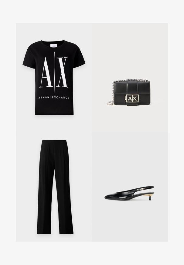 Juodas medvilninis marškinėlis su dideliu baltu logotipu "AX" ir žodžiu "ARMANI EXCHANGE". Klasikinis apvalus iškirpimas ir trumpomis rankovėmis.; Juodos plačios kelnės pagamintos iš lygios medžiagos, su plokščiu juosmeniu ir priekinėmis klostėmis, suteikiančiomis šiuolaikišką išvaizdą. Nėra matomų detalių ar raštų.; Juodos slingback aukštakulniai su pailgu pirštu, blizgi odinė apdaila ir mažas kulnas su auksiniu akcentu. Išmanus dizainas su atviru nugara.; Juodas odinis rankinukas su siuvinėtu raštu, sidabriniu grandinės dirželiu ir ryškiu sidabriniu "AX" logotipu priekyje. Kompaktiška stačiakampio formos.