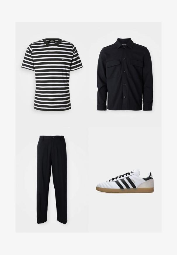 Stribet t-shirt i sort og hvid med rund hals, korte ærmer og et lille broderet "MN" på forsiden. Lavet af blødt bomuldsstof.; Sort langærmet skjortejakke med krave, frontknaplukning og to brystlommer på en ensfarvet hvid baggrund.; Sorte lige bukser med bæltestropper, knaplukning og et slankt, minimalistisk design på en neutral baggrund.; Hvide Adidas Samba sneakers med sorte striber, sorte snørebånd, beige suede hæl og gummigummisål, vist i venstre sideprofil.