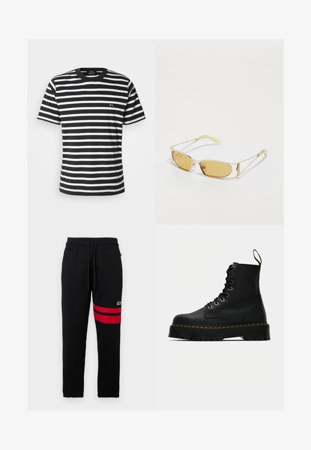 Stribet t-shirt i sort og hvid med rund hals, korte ærmer og et lille broderet "MN" på forsiden. Lavet af blødt bomuldsstof.; Sorte sweatpants med kontrastfarvede røde striber og logo på siden. Har elastisk talje med snøre og tætsiddende ankler.; Sorte læder snørebånd ankle boots med en kraftig tekstureret gummisål og gule syninger omkring platformen.; Gule solbriller med en gennemsigtig guldramme, slank rektangulær form og vinklede arme med lysegrønne accenter.