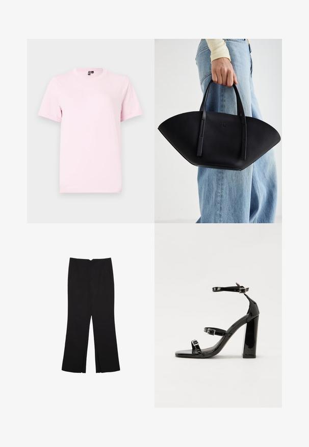 Lyserød kortærmet T-shirt lavet af bomuldsstof, med rund halsudskæring og en simpel, glat tekstur uden mønstre eller detaljer.; Sorte bukser med lige pasform, der har frontlommer og slidser i kanten. Lavet af blødt, glat stof. Velegnet til forskellige anledninger.; Sorte patenterede hælsandaler med firkantet tå, ankelremme og sølvspænder. Har en chunky blokHæl for stabilitet.; Sort læderhåndtaske med en unik vifteform, der har flade håndtag. Overfladen har en pebblelignende tekstur og et minimalistisk design.