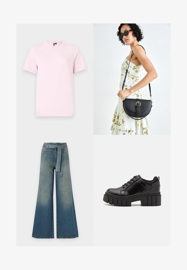 Light pink short-sleeve t-shirt made from cotton, featuring a round neck and a simple, smooth texture with no patterns or accents.; Wide-leg denim trousers featuring a light to dark blue gradient, high waist, belt loops, and a matching fabric belt. Textured denim finish.; Black leather platform shoes with a chunky block heel, round toe, and traditional lace-up design. Features smooth texture and minimal detailing.; Black leather handbag with a curved shape, detachable strap, and gold hardware. The bag features a flap with a buckle detail.