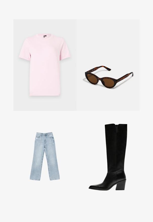 Světle růžové tričko s krátkým rukávem vyrobené z bavlny, s kulatým výstřihem a jednoduchou, hladkou texturou bez vzorů nebo akcentů.; Světle modré džíny z džínoviny s širokými nohavicemi, s opotřebovanými detaily, pětivreckovým designem a zipovým zapínáním.; Černé kozačky po kolena vyrobené z hladké kůže, s špičatou špičkou, blokovým podpatkem a výřezem ve tvaru V na vrchu.; Hnědé želvovinové sluneční brýle ve vintage stylu kočičího oka s hnědými skly. Mají zakřivené nožičky s červenými akcenty.