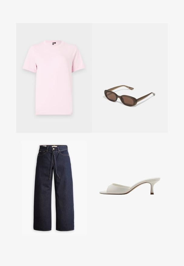 Jasnoróżowa koszulka z krótkim rękawem, wykonana z bawełny, z okrągłym dekoltem i prostą, gładką fakturą, bez wzorów czy akcentów.; Spodnie dżinsowe w kolorze ciemnoniebieskim o szerokich nogawkach i wysokim stanie, z wiązaniem na sznurki, pięcioma kieszeniami oraz kontrastowymi detalami w staszcu.; Białe, otwarte na palcach mule na wysokim obcasie o gładkim wykończeniu, minimalistycznym designie i smukłym obcasie, z subtelnym brązowym akcentem na podeszwie.; Brązowe, owalne okulary przeciwsłoneczne z ciemnymi soczewkami. Rama wykonana jest z przezroczystego brązowego materiału i ma logo nadrukowane na zausznikach.; Zielona skórzana torebka o gładkiej teksturze, zaokrąglonym kształcie i plecionym uchwycie. Posiada zamek błyskawiczny i regulowany pasek.