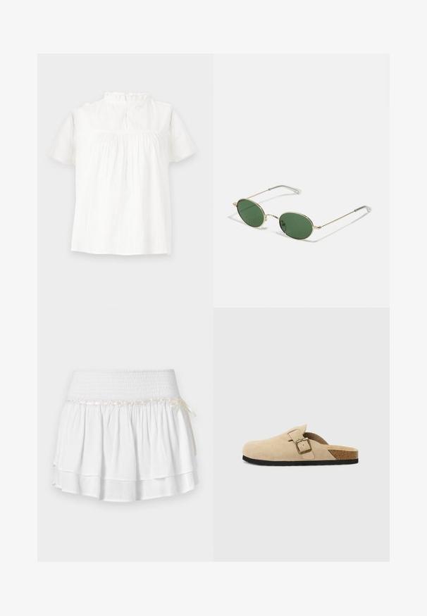 Blusa bianca a maniche corte con collo arricciato, texture sottile e vestibilità morbida. La chiusura sul retro è caratterizzata da un nodo e un bottone.; Gonna bianca a strati con vita elastica, caratterizzata da un dettaglio in smocking testurizzato e un nastro decorativo. Tessuto di cotone.; Zoccoli beige in suede con piede in sughero, punta rotonda e una semplice fascia con una fibbia dorata. Suola in gomma per una buona aderenza.; Occhiali da sole con montatura dorata, lenti ovali verdi e aste in metallo sottili. Presentano estremità in plastica trasparente sulle aste per maggiore comfort.