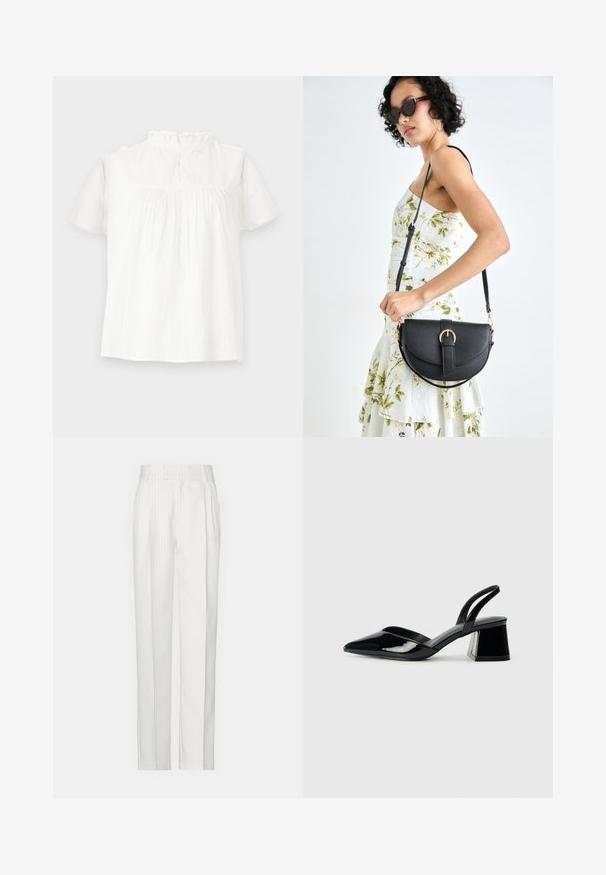 Blusa bianca a maniche corte con collo arricciato, texture sottile e vestibilità morbida. La chiusura sul retro è caratterizzata da un nodo e un bottone.; Pantaloni bianchi a righe sottili con un design a gamba dritta, realizzati in un tessuto leggero. Presentano pince sul davanti e una vita tradizionale.; Décolleté in vernice nera con punta affusolata e tacco in geometria cubica. Presentano un design elegante e minimalista, con una texture liscia.; Borsa a tracolla nera in pelle con una forma curva, manico rimovibile e accessori dorati. La borsa presenta una patta con un dettaglio a fibbia.